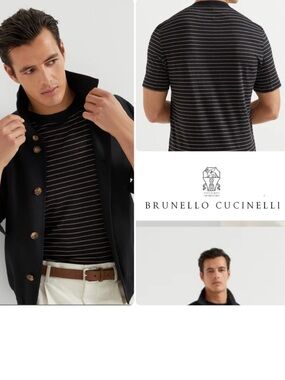NWOT: 🇮🇹 Brunello Cucinelli Stylish Beige & White striped T-Shirt Slim Fit
